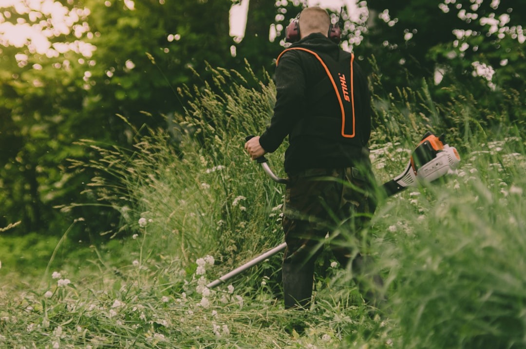 Landscaper with ear protection operates a brush cutter in tall grass.